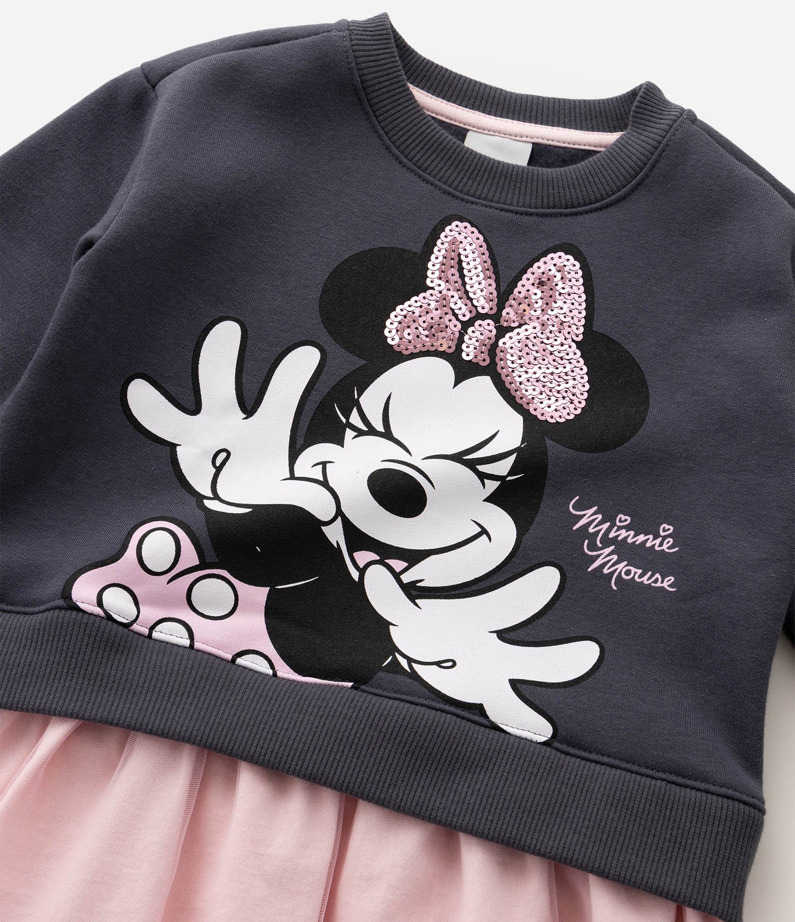 Vestido Infantil Minnie em Paetê com Saia em Tule e scrunchie – Tam 1 a 6 Anos Cinza/Rosa 5