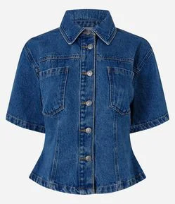 Camisa em Jeans com Gola Colarinho e Bolsos