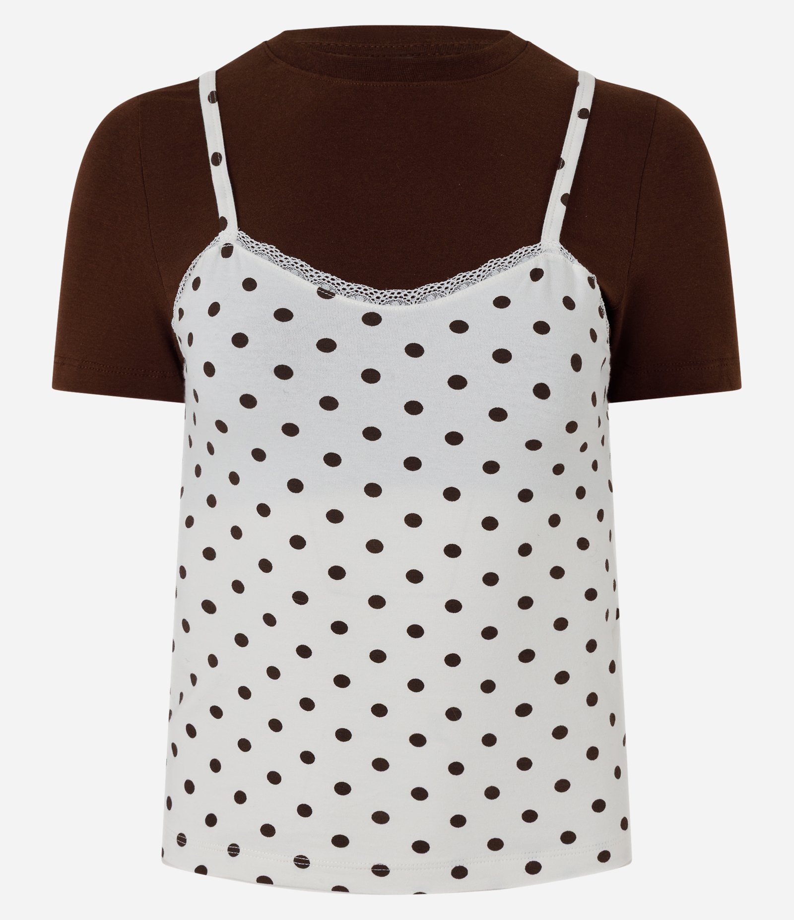 Camiseta com Sobreposição com Modelagem Regata e Estampa Poá Marrom 5