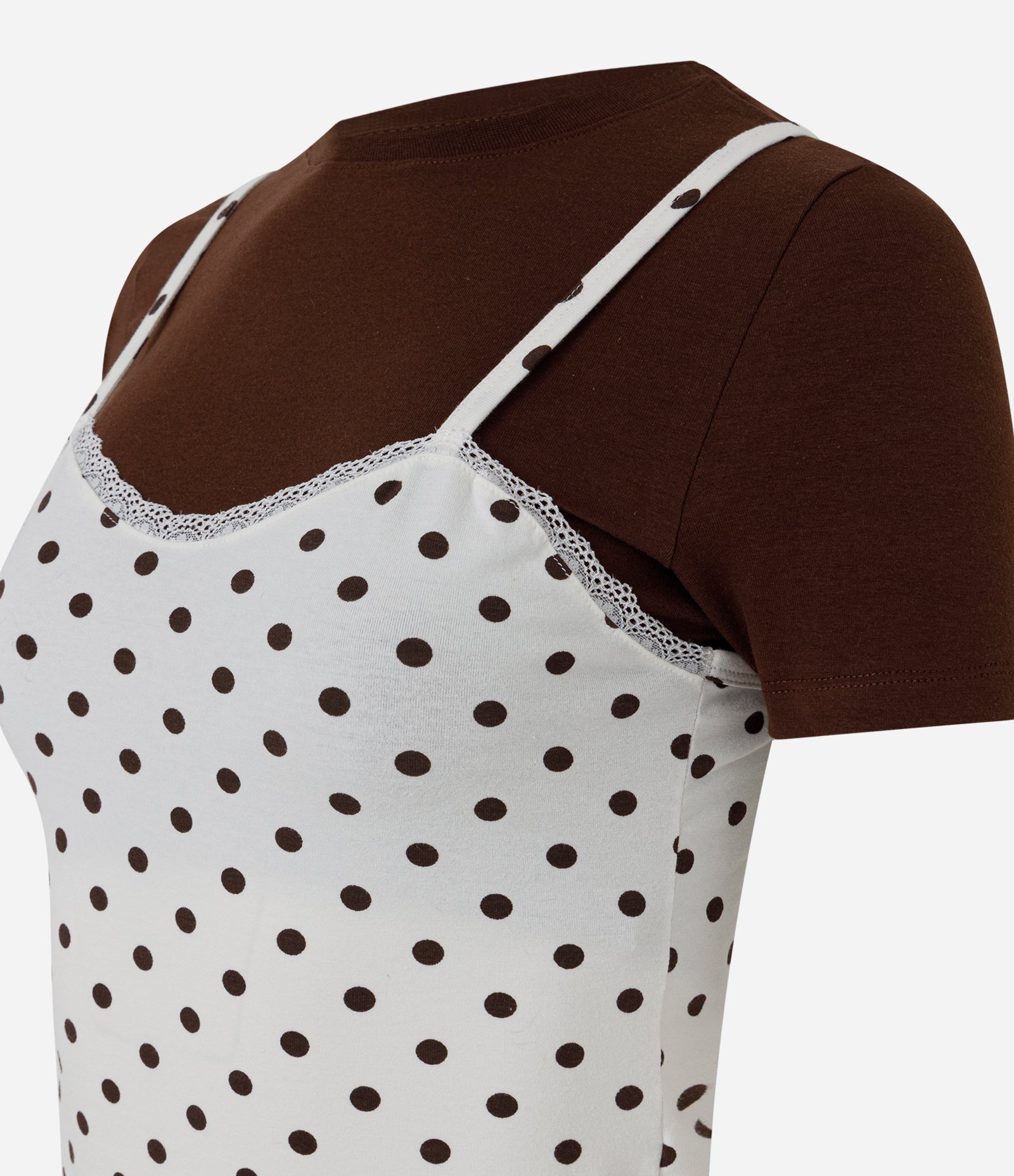 Camiseta com Sobreposição com Modelagem Regata e Estampa Poá Marrom 6
