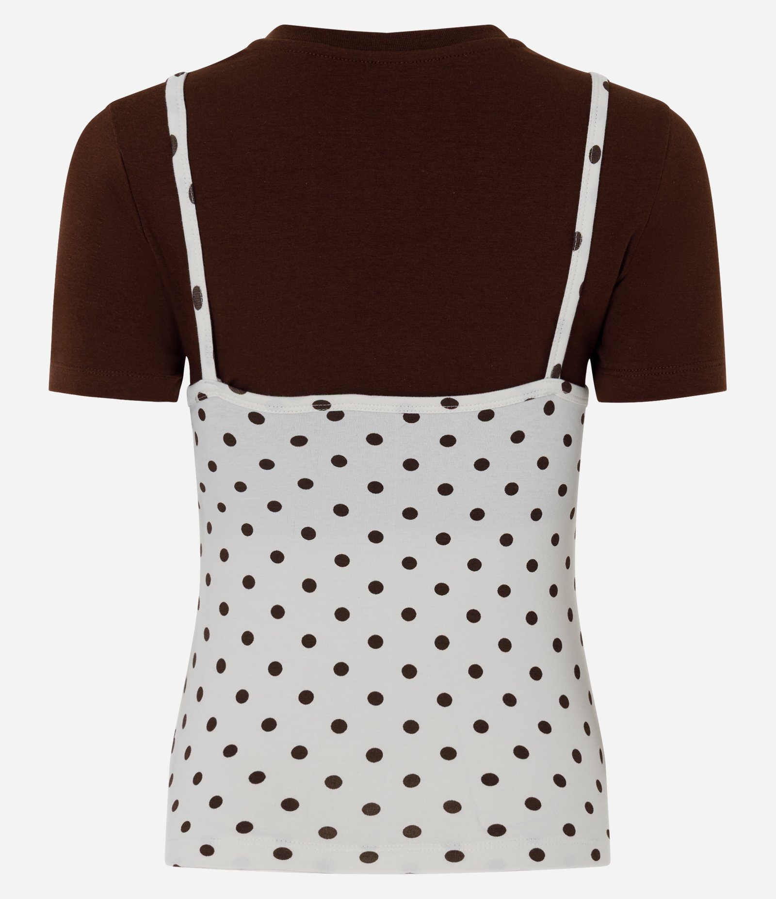 Camiseta com Sobreposição com Modelagem Regata e Estampa Poá Marrom 7