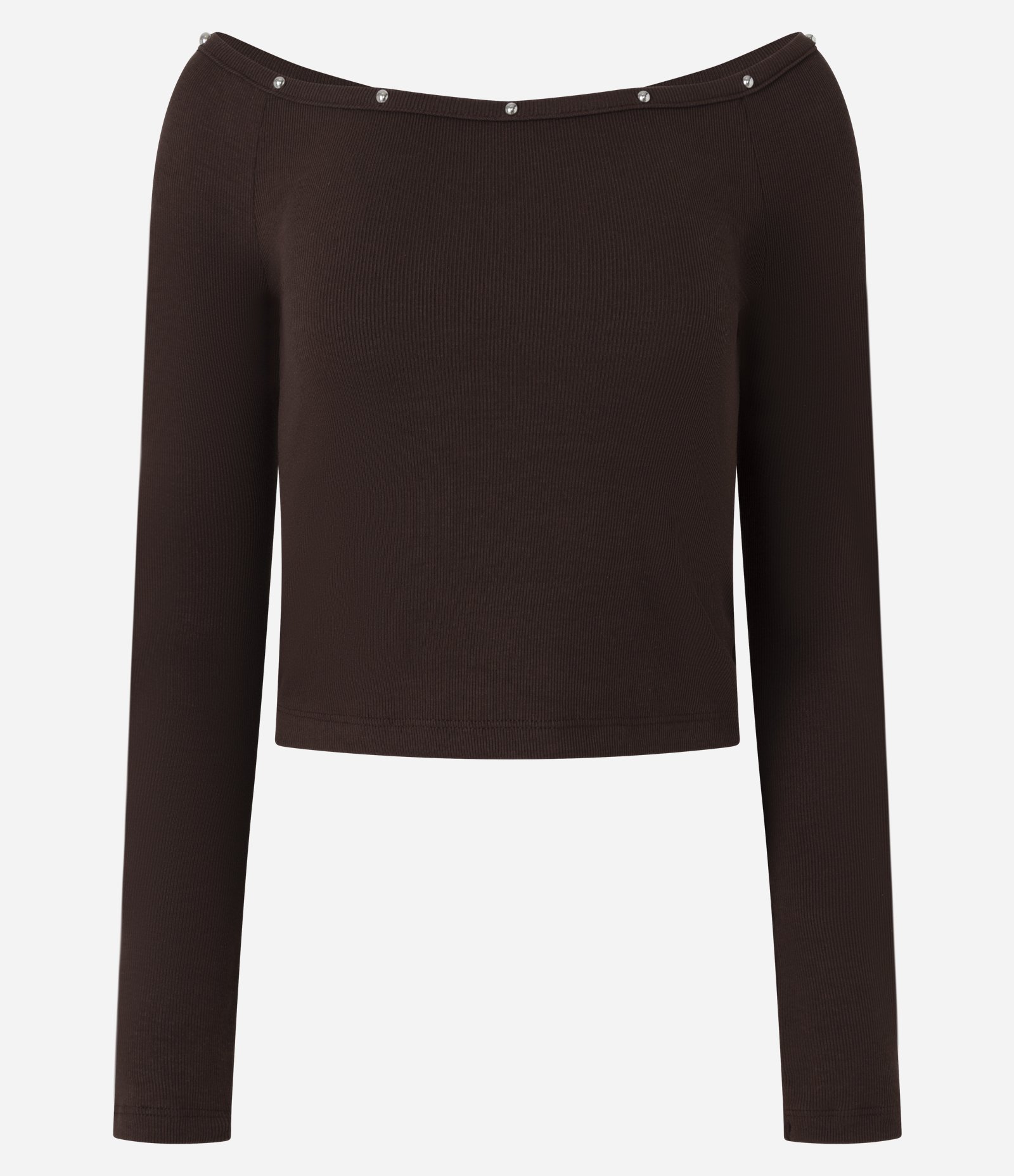 Blusa em Viscose com Decote Ombro a Ombro e Pedrinhas no Decote Marrom 1