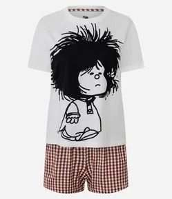 Pijama Curto em Algodão com Estampa Mafalda e Xadrez