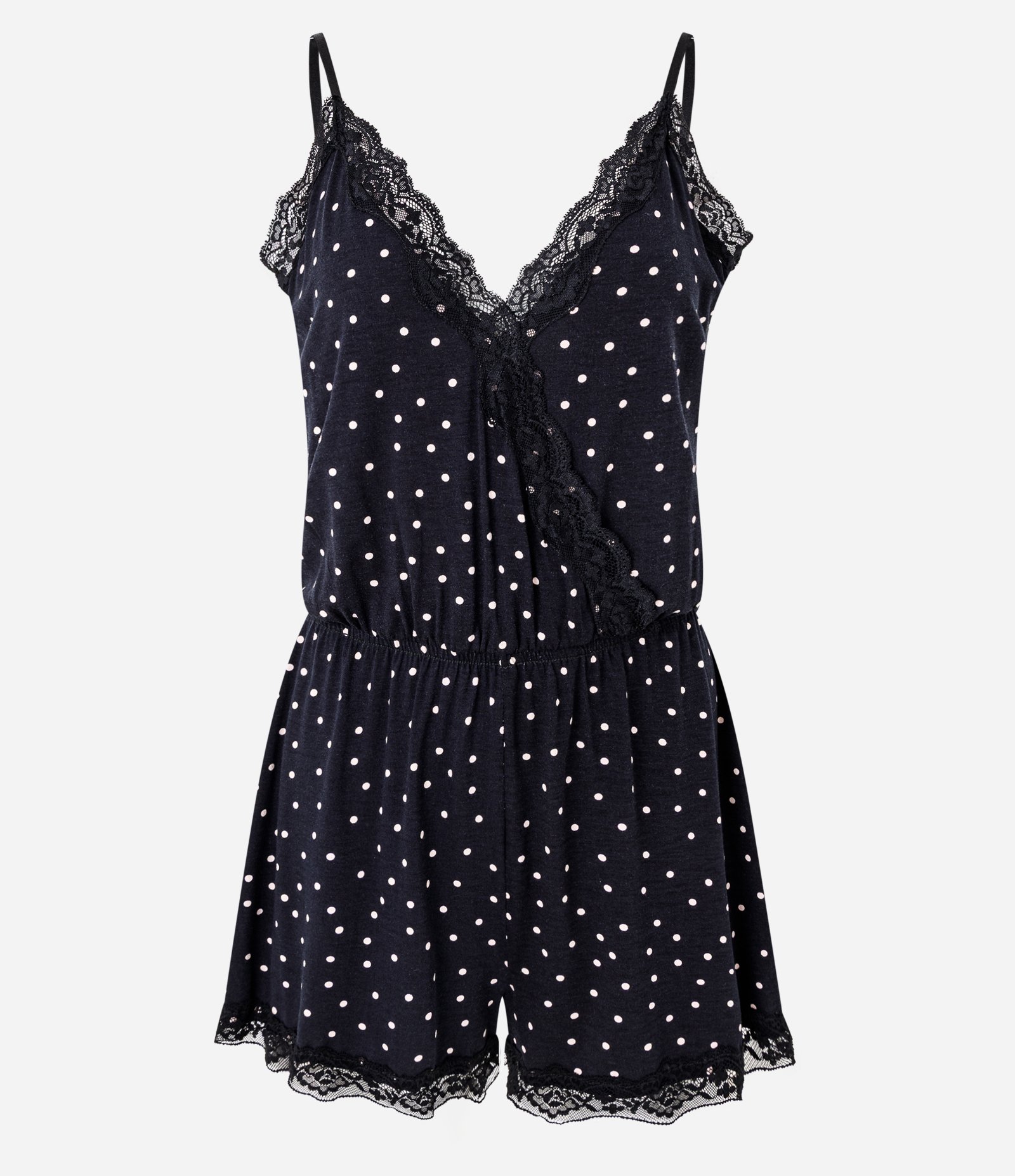 Pijama Macaquinho em Viscolycra com Estampa Poá e Detalhe em Renda Preto 5