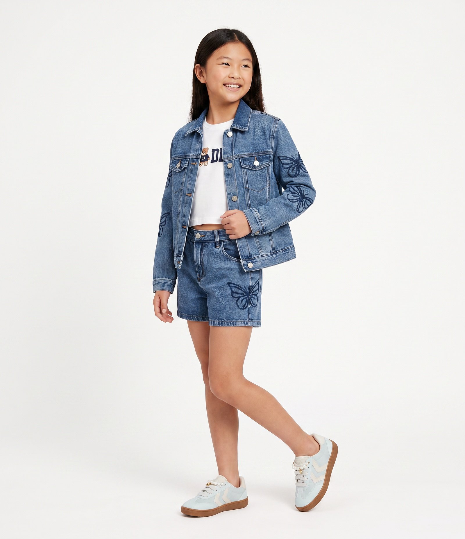 Jaqueta Jeans Infantil com Borboletas Bordadas nas Mangas - Tam 5 A 16 Anos Azul 2