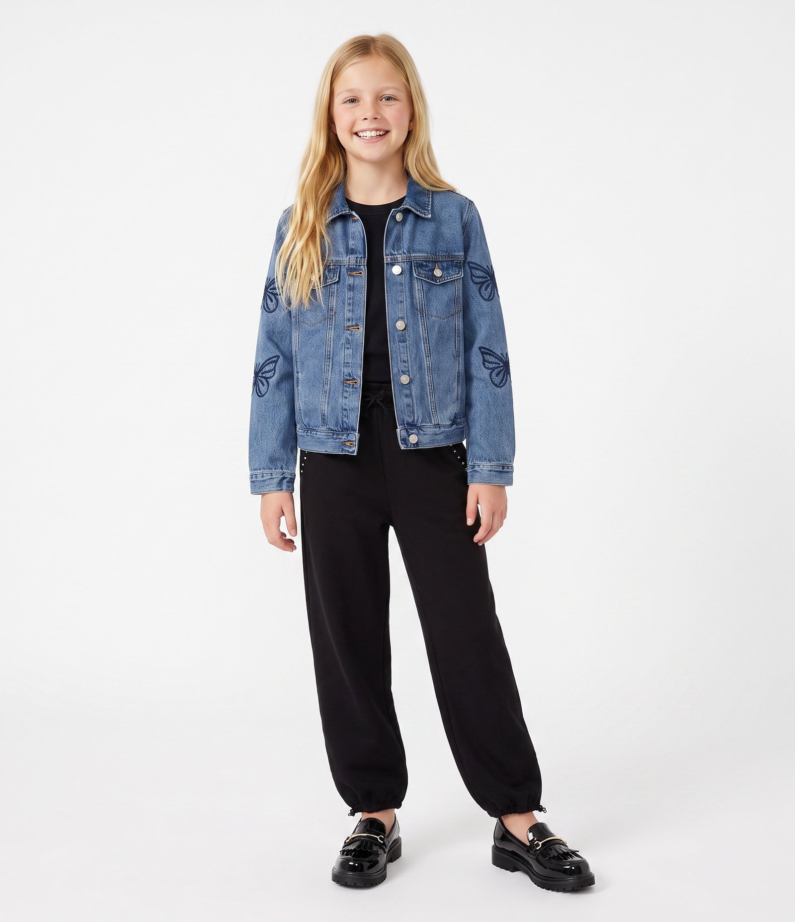 Jaqueta Jeans Infantil com Borboletas Bordadas nas Mangas - Tam 5 A 16 Anos Azul 1