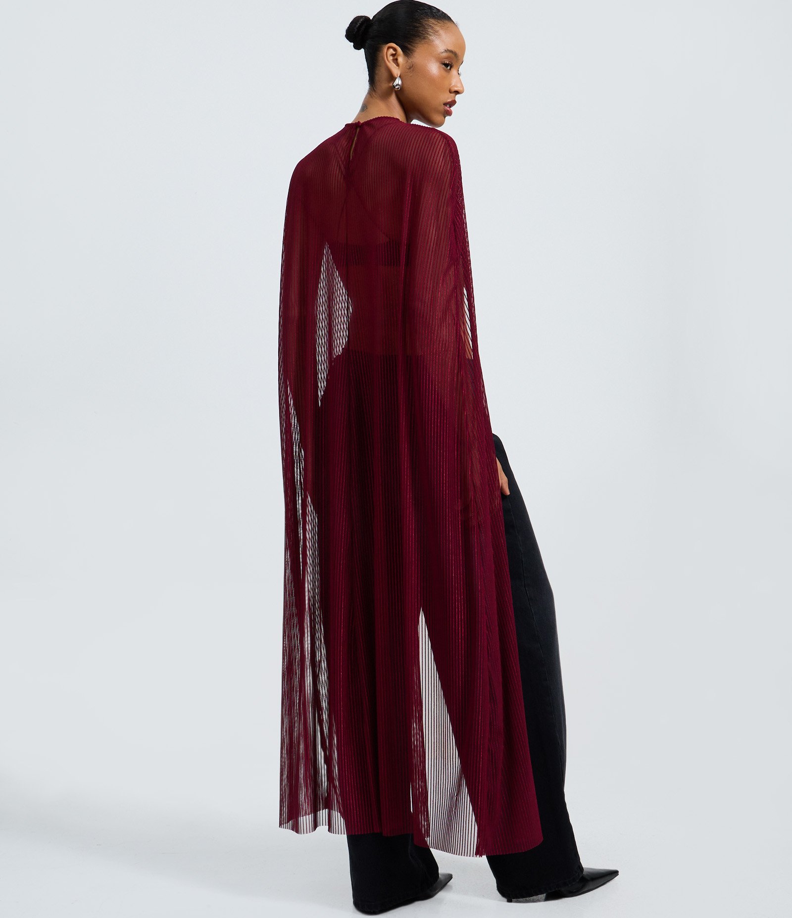 Blusa em Tule Listrado com Efeito Capa Vermelho 3
