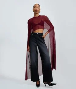 Blusa em Tule Listrado com Efeito Capa