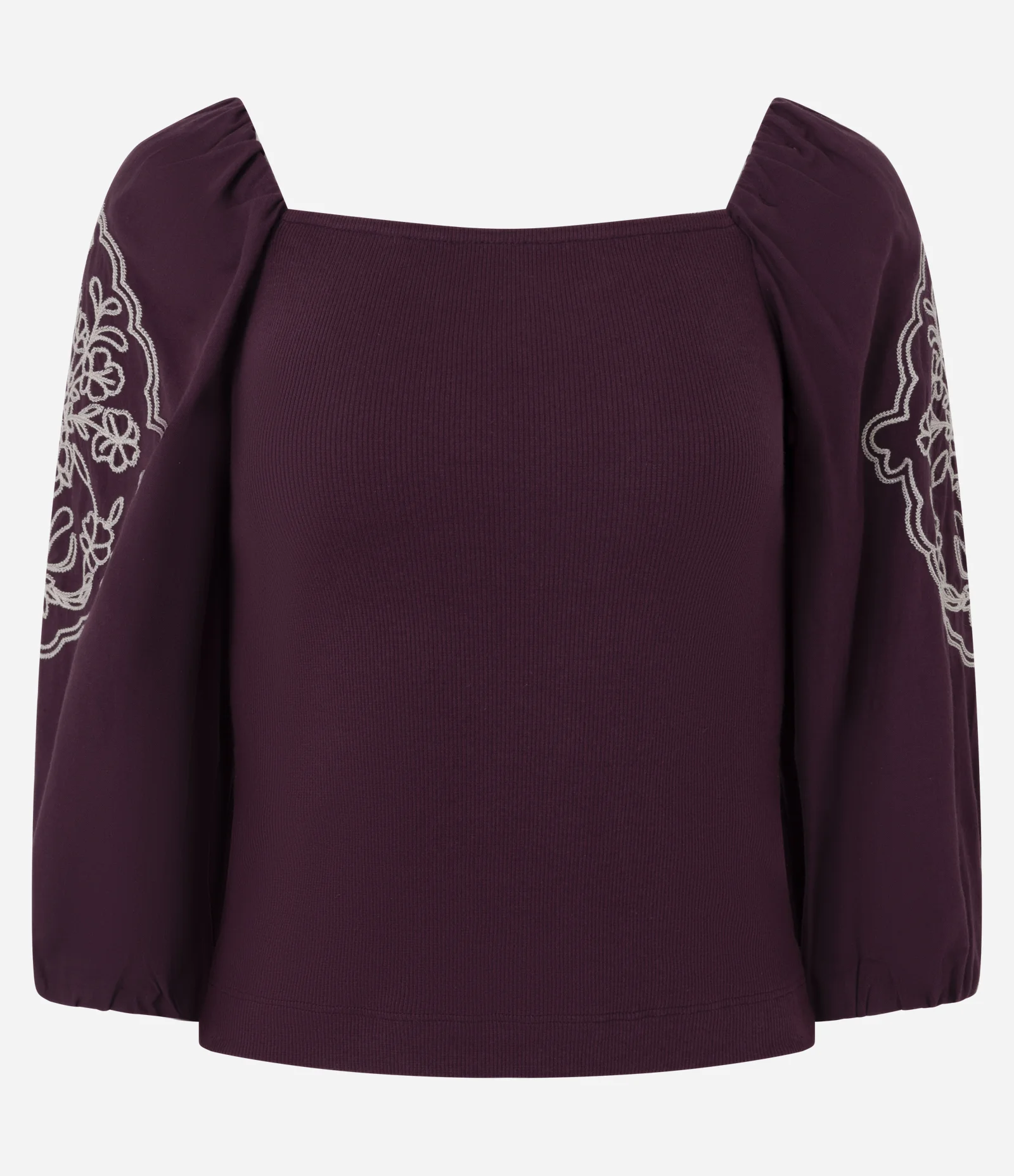 Blusa Manga Longa Bufante com Bordado de Folhagem Roxo 1