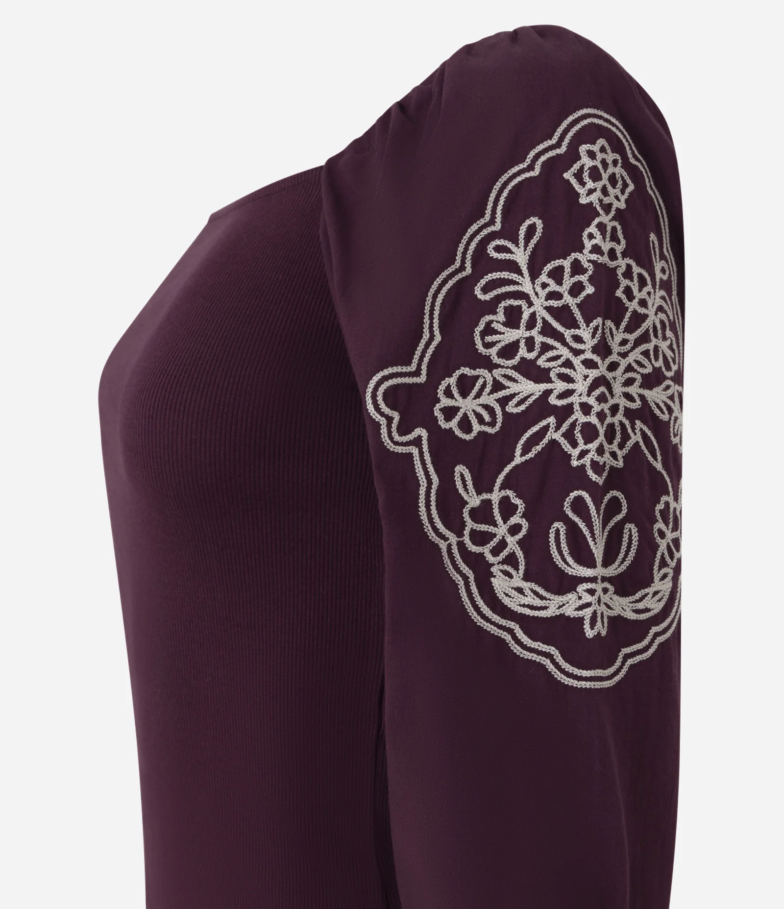 Blusa Manga Longa Bufante com Bordado de Folhagem Roxo 2