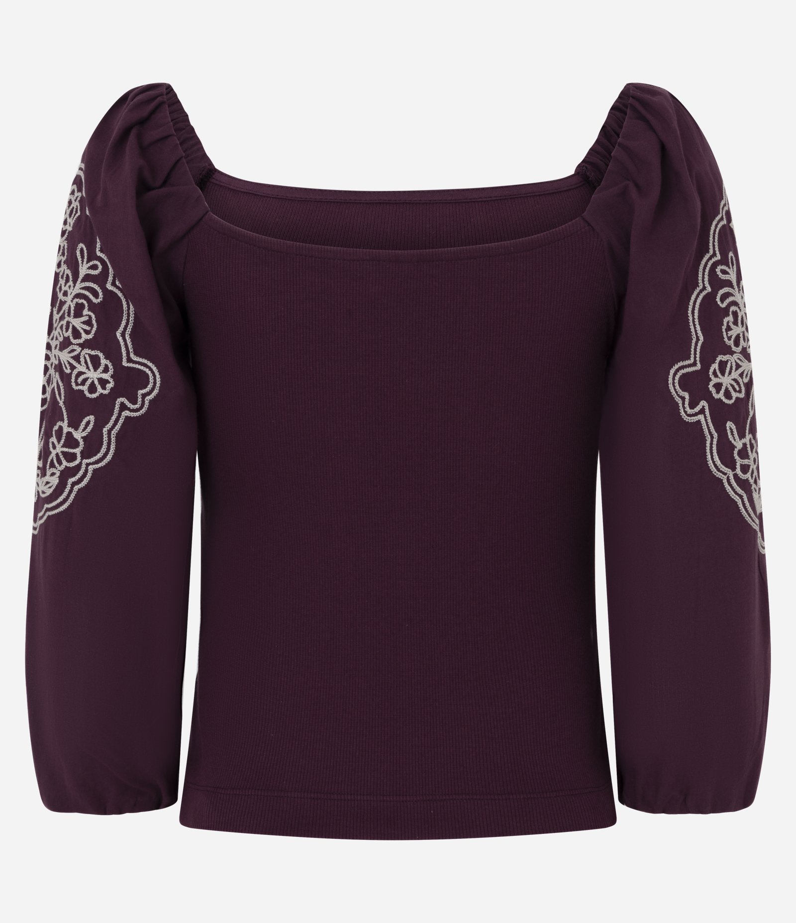 Blusa Manga Longa Bufante com Bordado de Folhagem Roxo 3