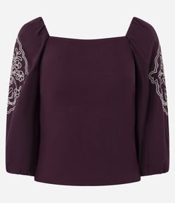 Blusa Manga Longa Bufante com Bordado de Folhagem