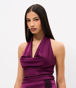 Blusa Frente Única em Cetim com Decote Degagê e Amarração nas Costas