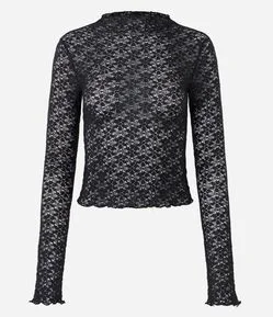 Blusa Manga Longa em Renda Texturizada com Gola Alta