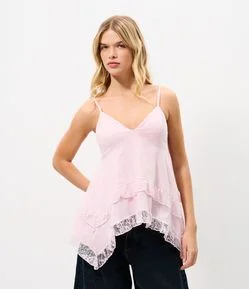 Blusa de Alcinha em Flame com Barra em Camadas e Detalhe em Renda