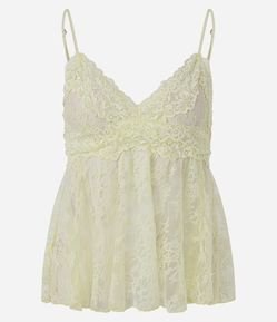 Blusa em Renda com Alças Finas Transparente e Texturizada