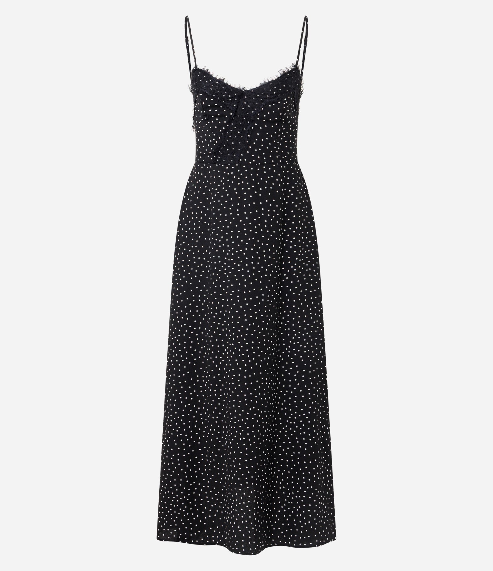 Vestido Longo com Estampa Poá e Renda no Decote Preto 1