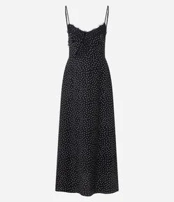 Vestido Longo com Estampa Poá e Renda no Decote