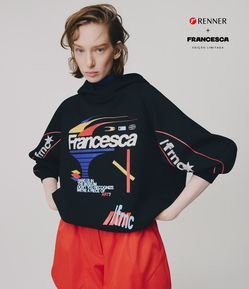 Casaco Oversized em Moletom sem Felpa com Capuz e Estampa Francesca