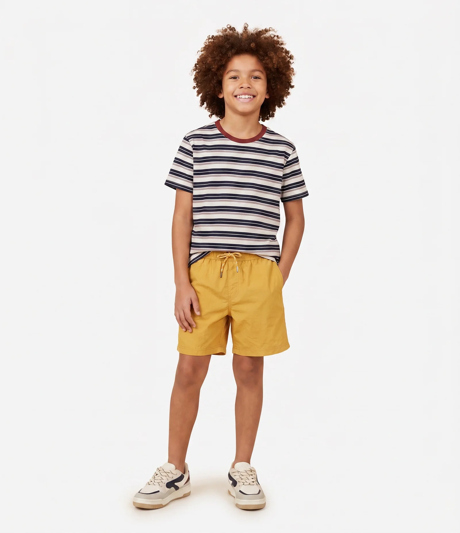 Camiseta Relaxed Listrada com Gola Contrastante - Tam 5 a 14 Anos Off White 1