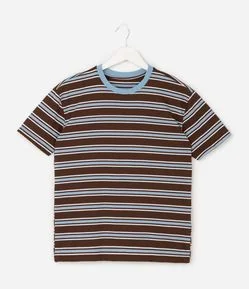 Camiseta Relaxed Listrada com Gola Contrastante - Tam 5 a 14 Anos