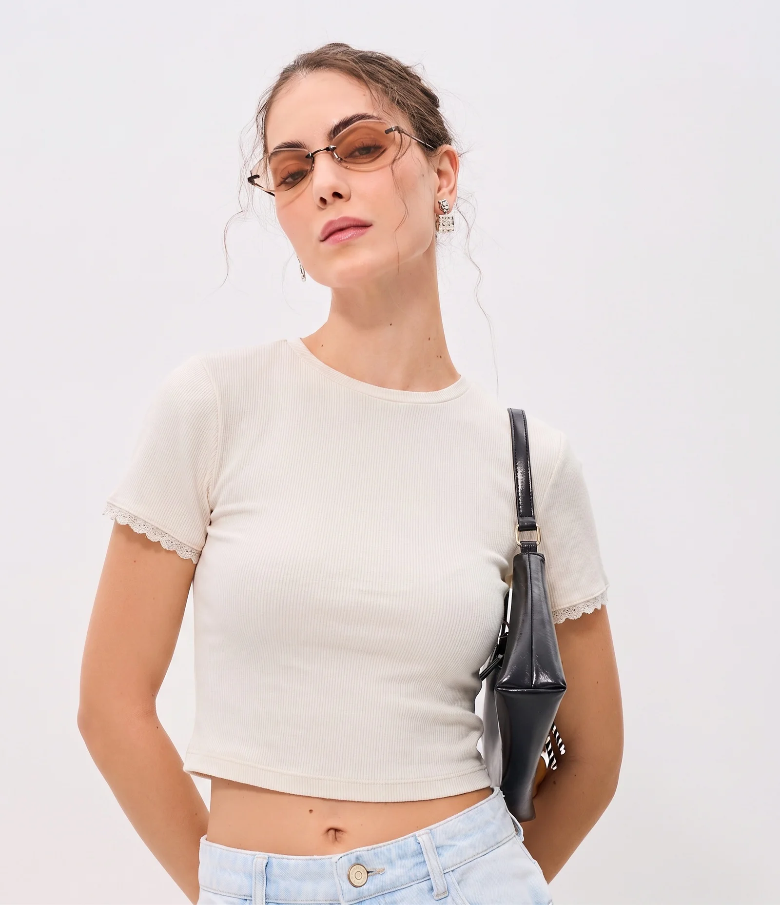 Blusa em Ribana com Renda na Manga Off White 1