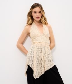 Blusa Frente Única em Renda com Barra Assimétrica