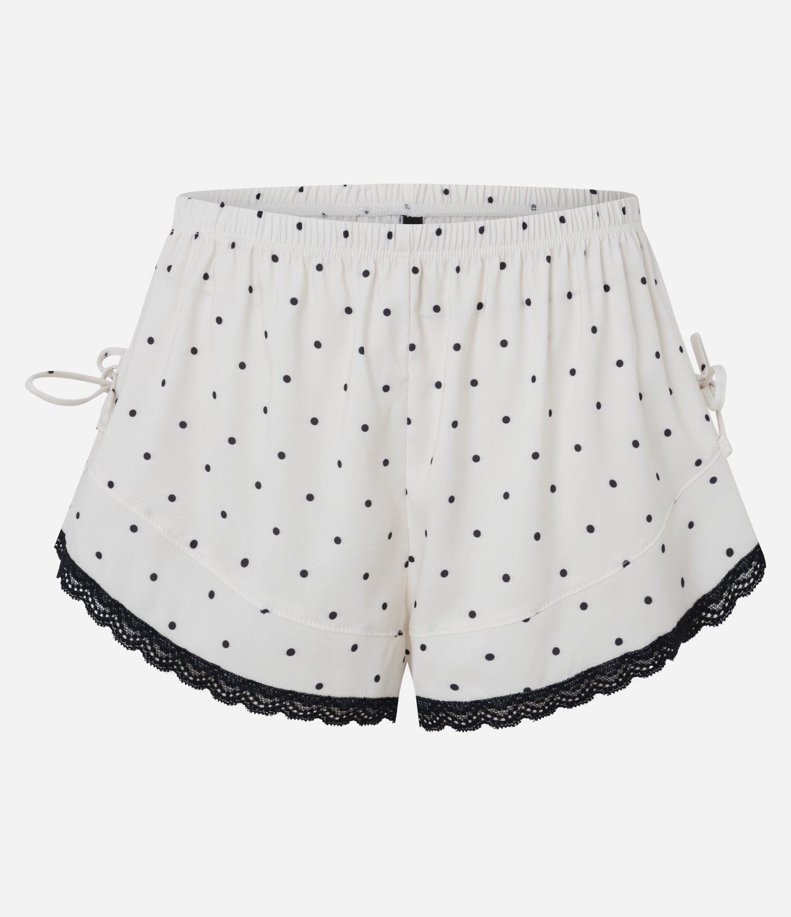 Short de Pijama em Cetim com Estampa Poá Renda e Laços Branco/Preto 1