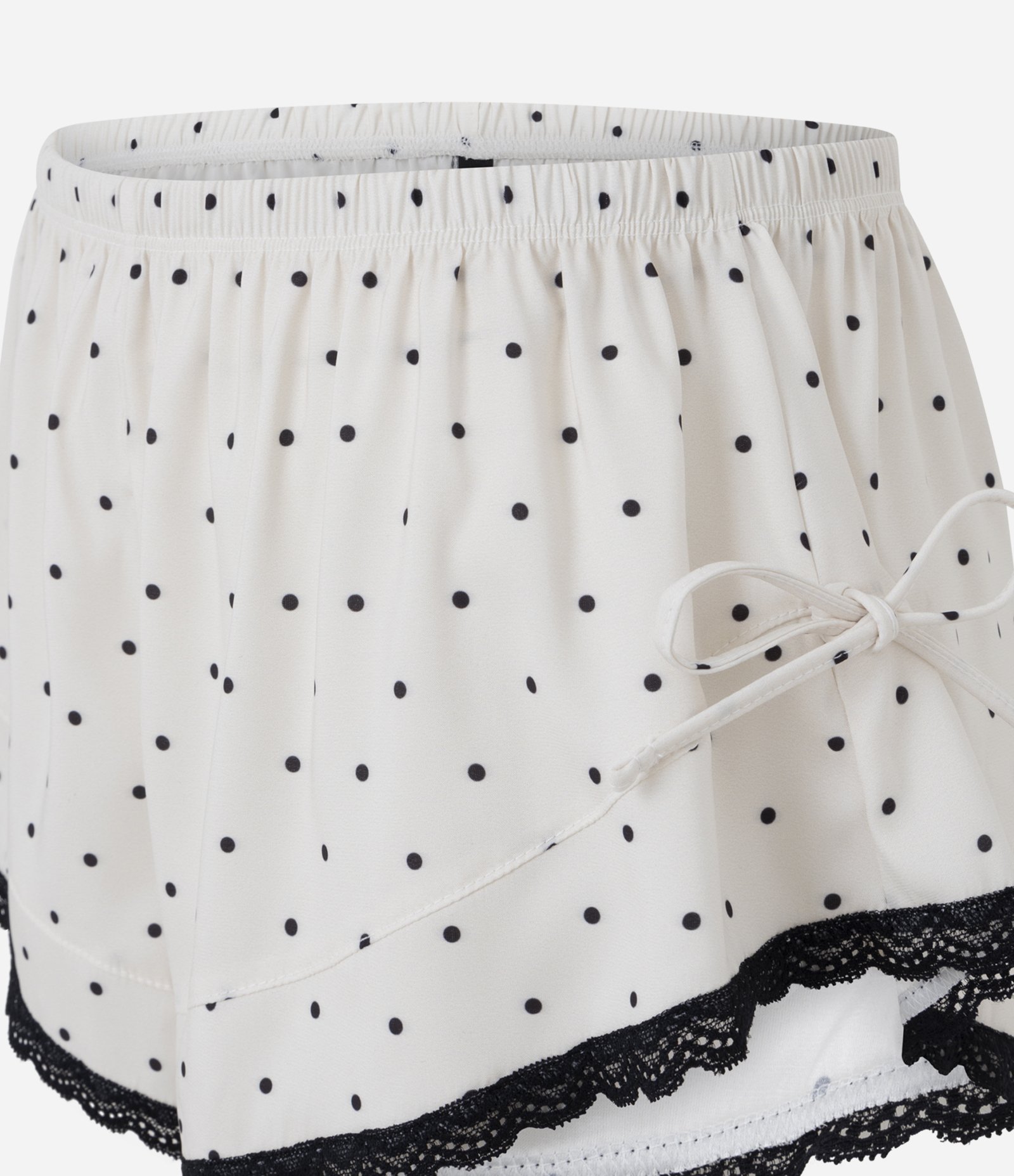 Short de Pijama em Cetim com Estampa Poá Renda e Laços Branco/Preto 2