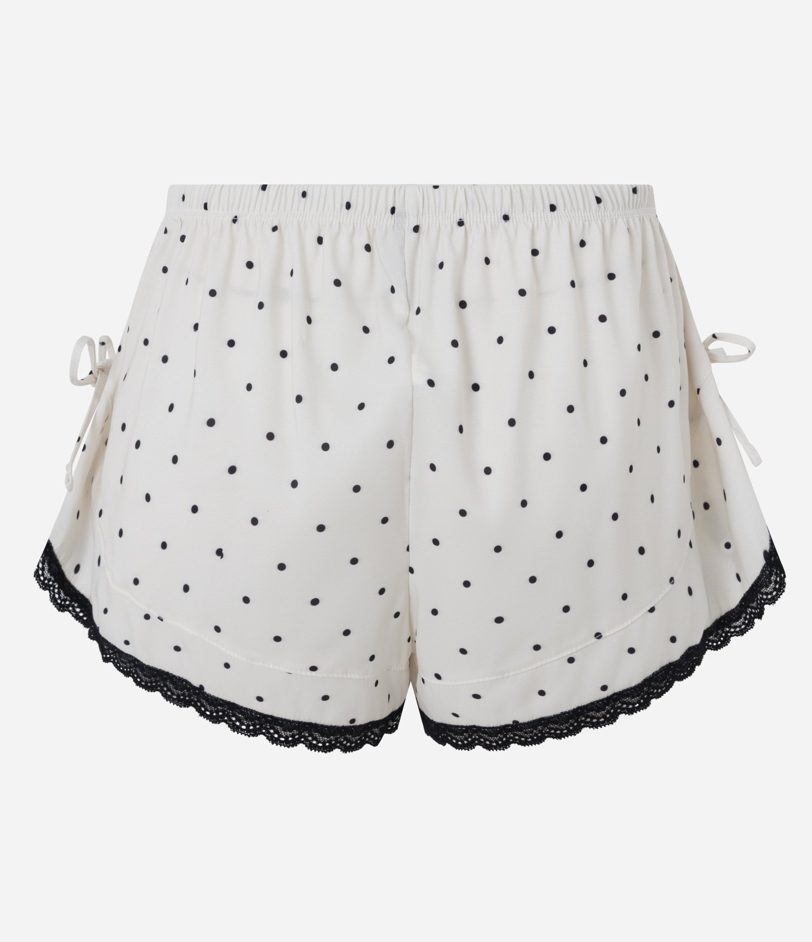 Short de Pijama em Cetim com Estampa Poá Renda e Laços Branco/Preto 2