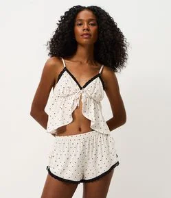 Short de Pijama em Cetim com Estampa Poá Renda e Laços