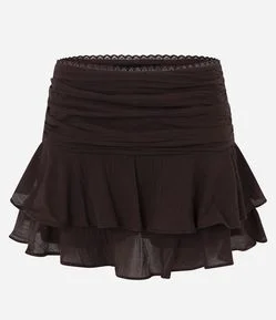 Short Saia em Algodão com Babados em Camadas e Detalhes de Renda
