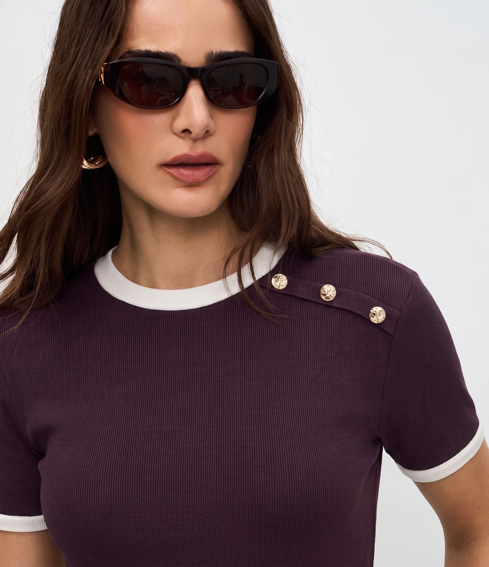 Blusa Manga Curta em Ribana Com Botões no Ombro Roxo 1