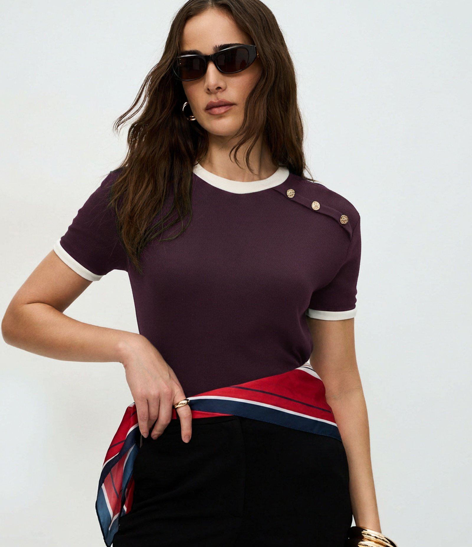 Blusa Manga Curta em Ribana Com Botões no Ombro Roxo 3
