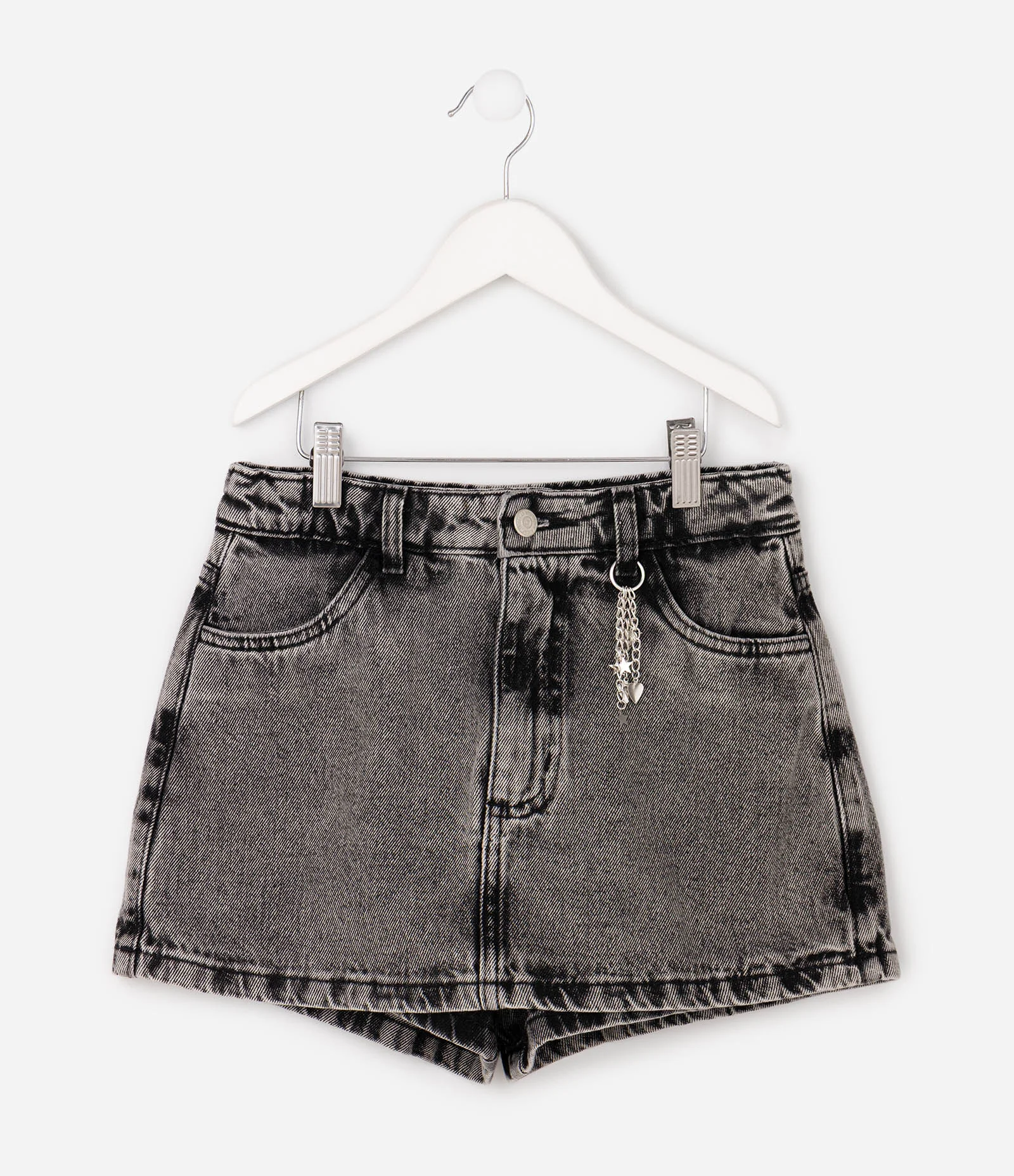 Saia Short Infantil em Jeans com Pingentes Coração e Estrelas – Tam 5 a 16 Anos Cinza Estonado 1