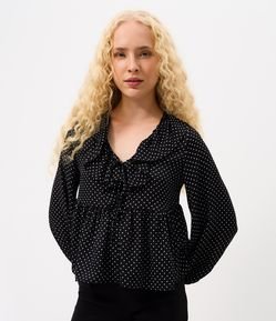 Blusa Manga Longa em Viscolinho com Estampa Poá e Babados