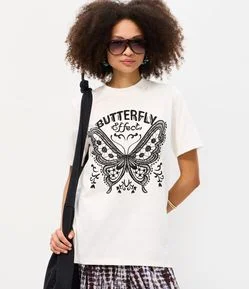Camiseta Alongada em Algodão com Estampa Butterfly Effect