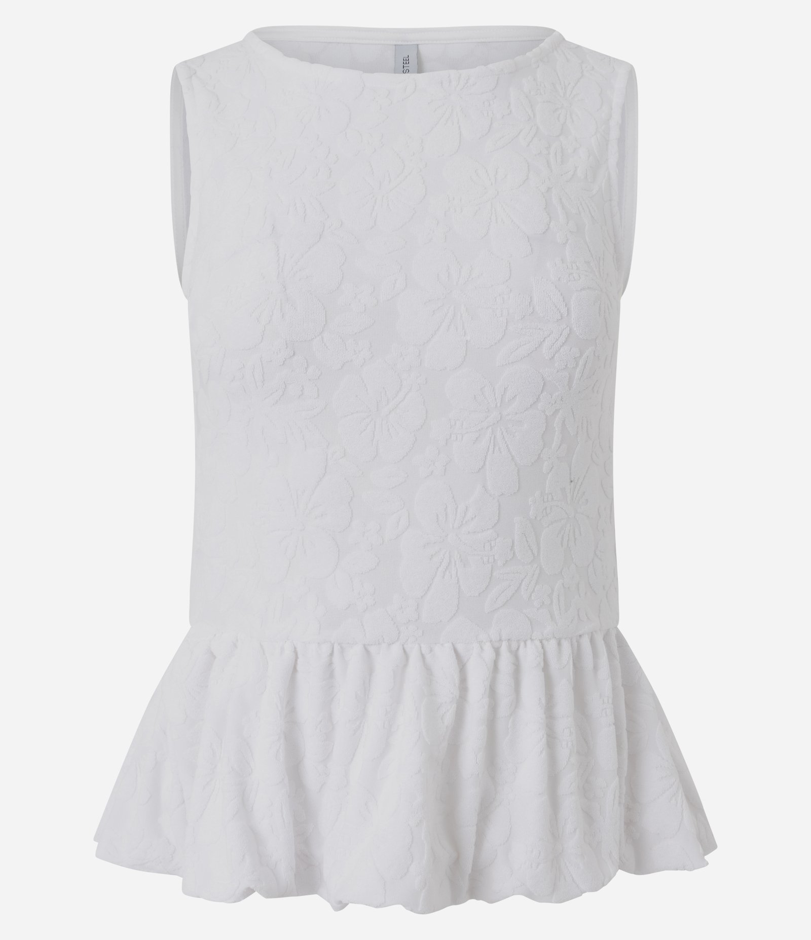 Blusa Peplum em Jacquard Floral sem Mangas Branco 1