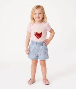 Camiseta Listrada  Infantil com Morango em Paetê Reversível - Tam 1 a 6 Anos