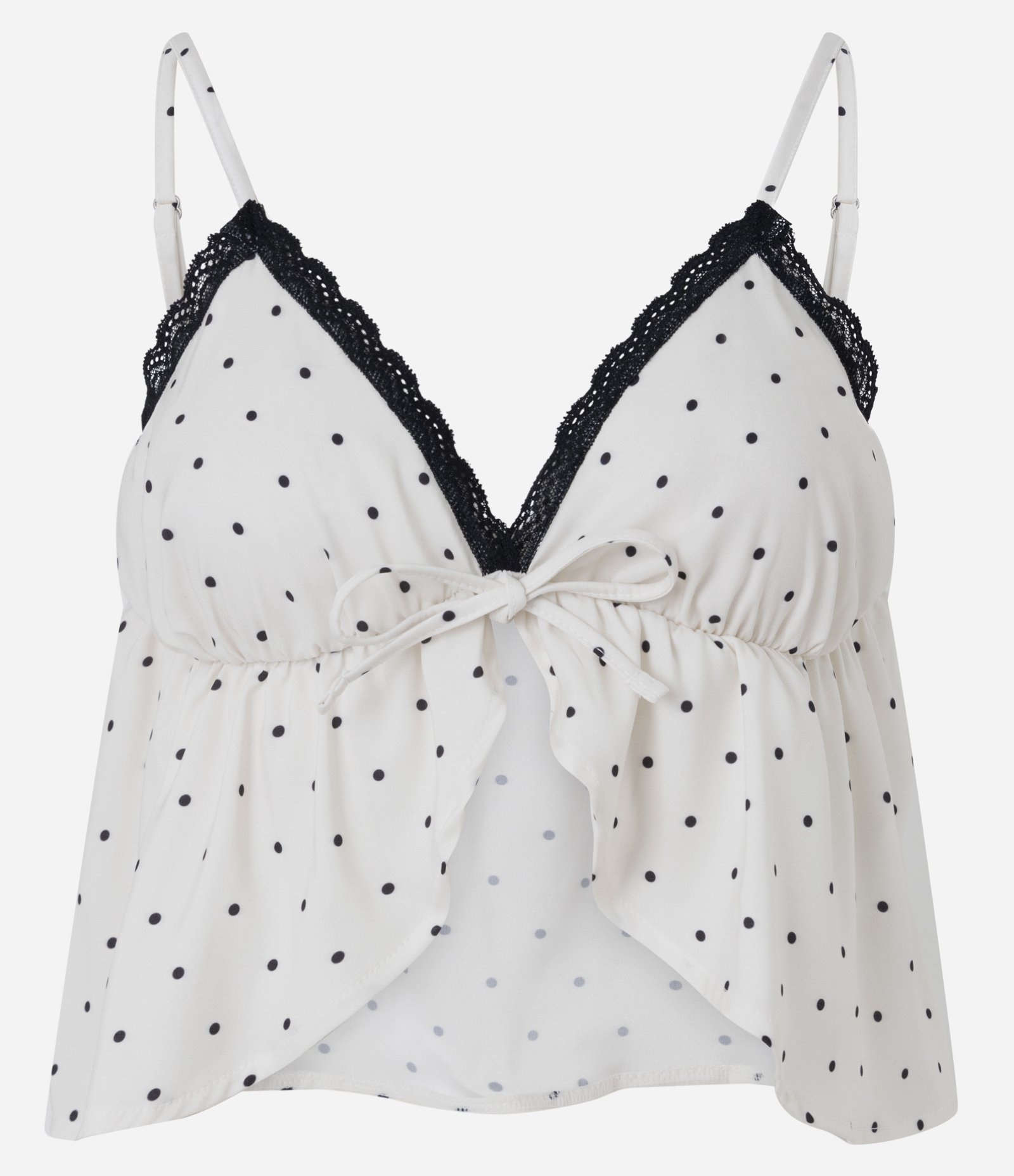 Blusa de Pijama em Cetim com Estampa Poá Abertura Frontal e Renda Branco/Preto 1
