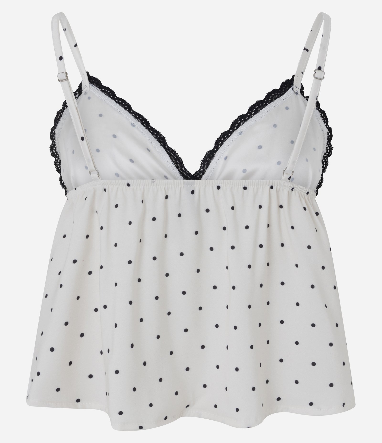 Blusa de Pijama em Cetim com Estampa Poá Abertura Frontal e Renda Branco/Preto 2