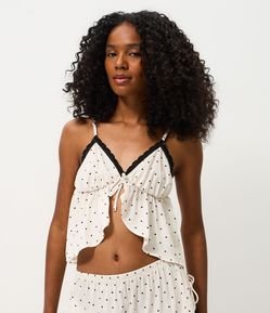 Blusa de Pijama em Cetim com Estampa Poá Abertura Frontal e Renda