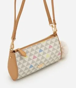 Bolsa Baguete em PU com Estampa Geométrica e Pompom Removível