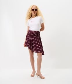 Saia Curta Assimétrica em Chiffon com Estampa Poá