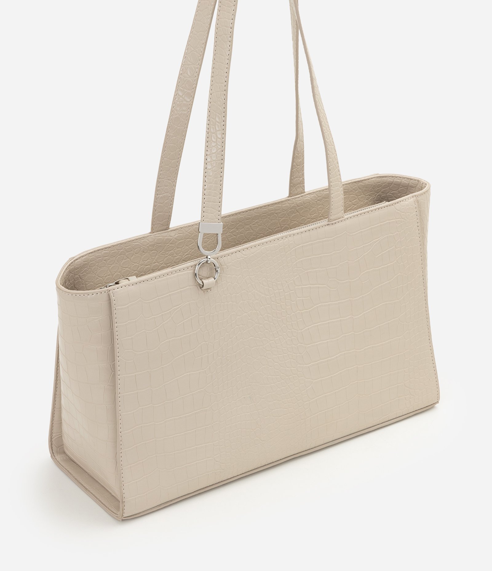 Bolsa Shopper Grande em PU com Textura Croco Bege 1