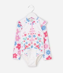 Maiô Infantil Floral com Babados nos Ombros e Zíper Frontal - Tam 1 a 4 Anos