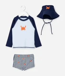 Conjunto Praia Infantil UV Listrado com Sunga Estampa Caranguejos e Chapéu - Tam 1 a 12 Anos