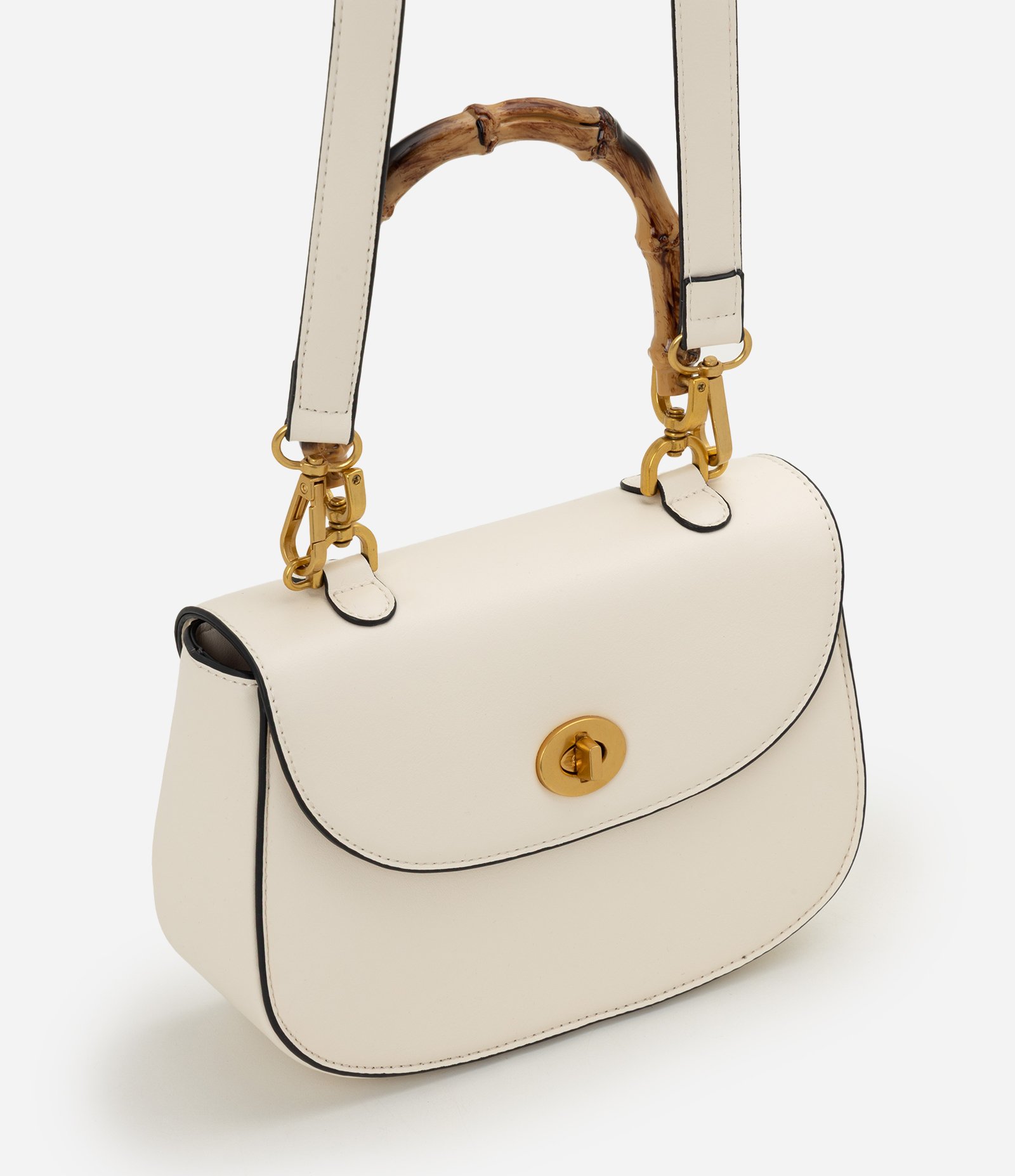 Bolsa Transversal Média em PU com Alça Efeito de Bambu Off White 1