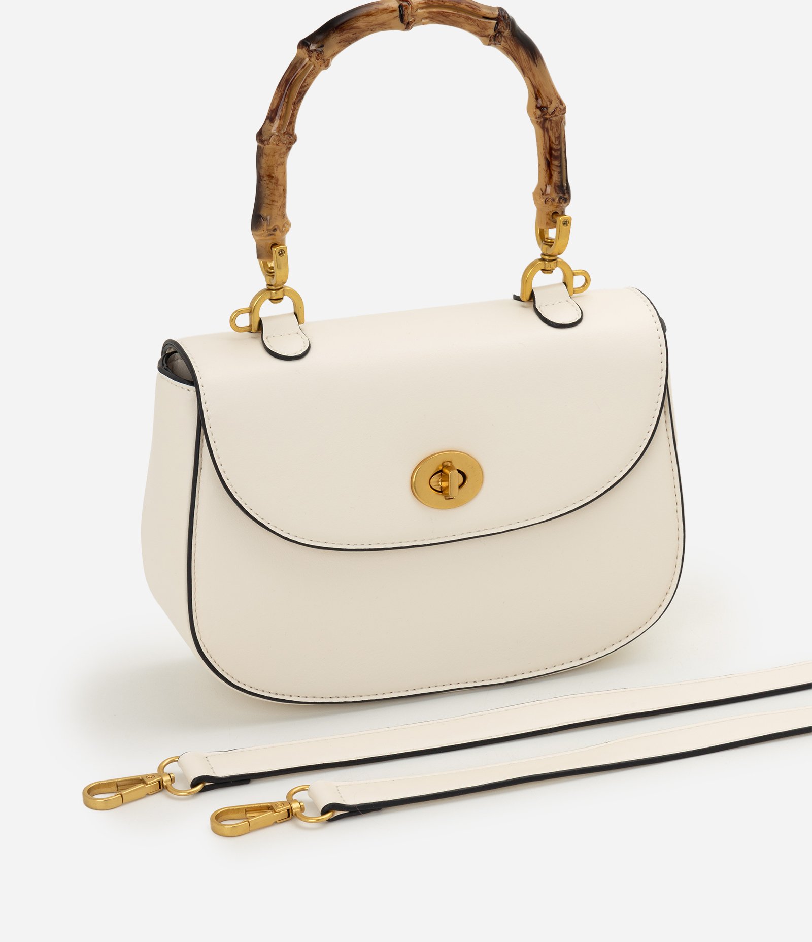 Bolsa Transversal Média em PU com Alça Efeito de Bambu Off White 6