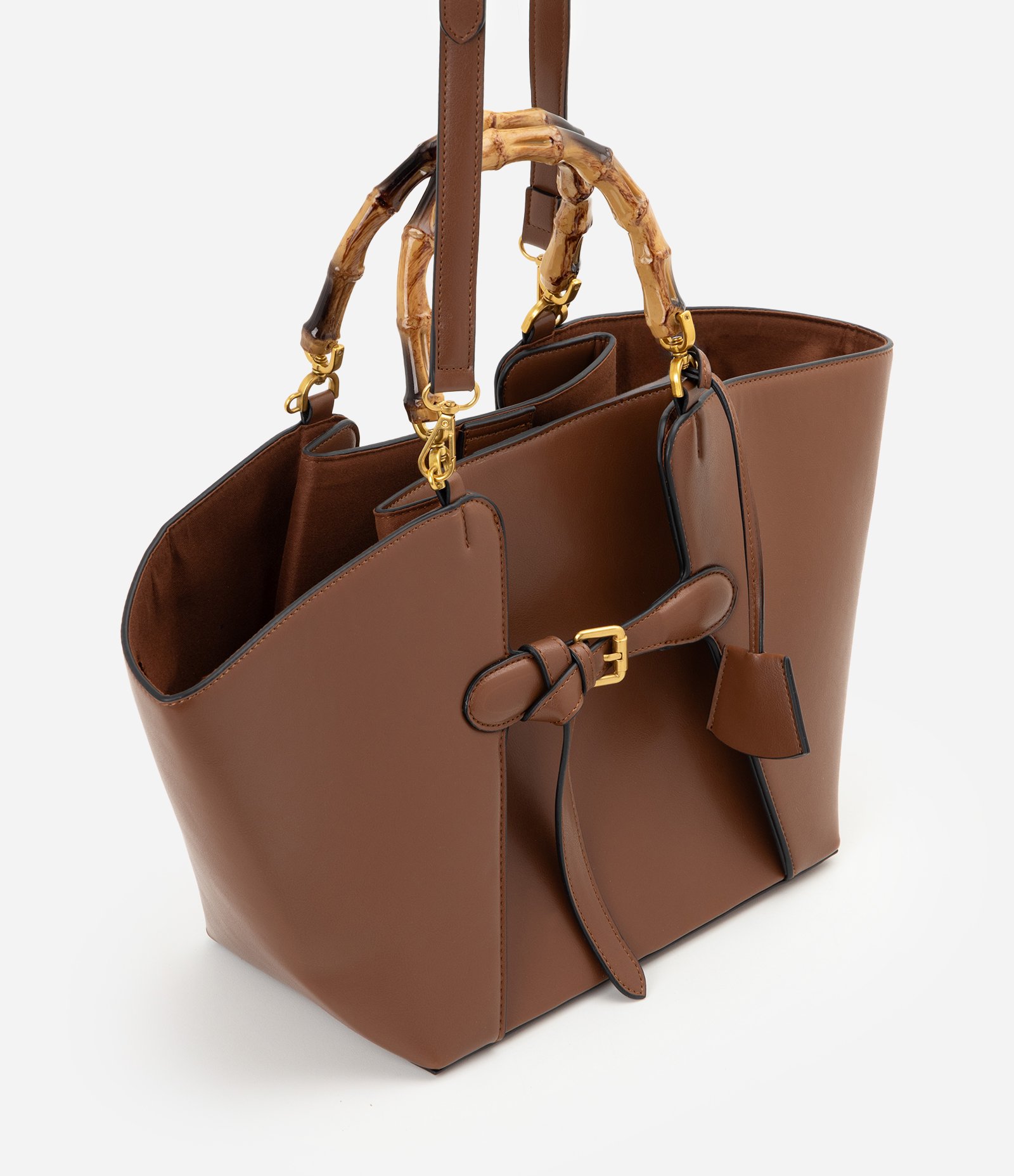 Bolsa Shopper Grande em PU com Alça Efeito de Bambu Marrom 1